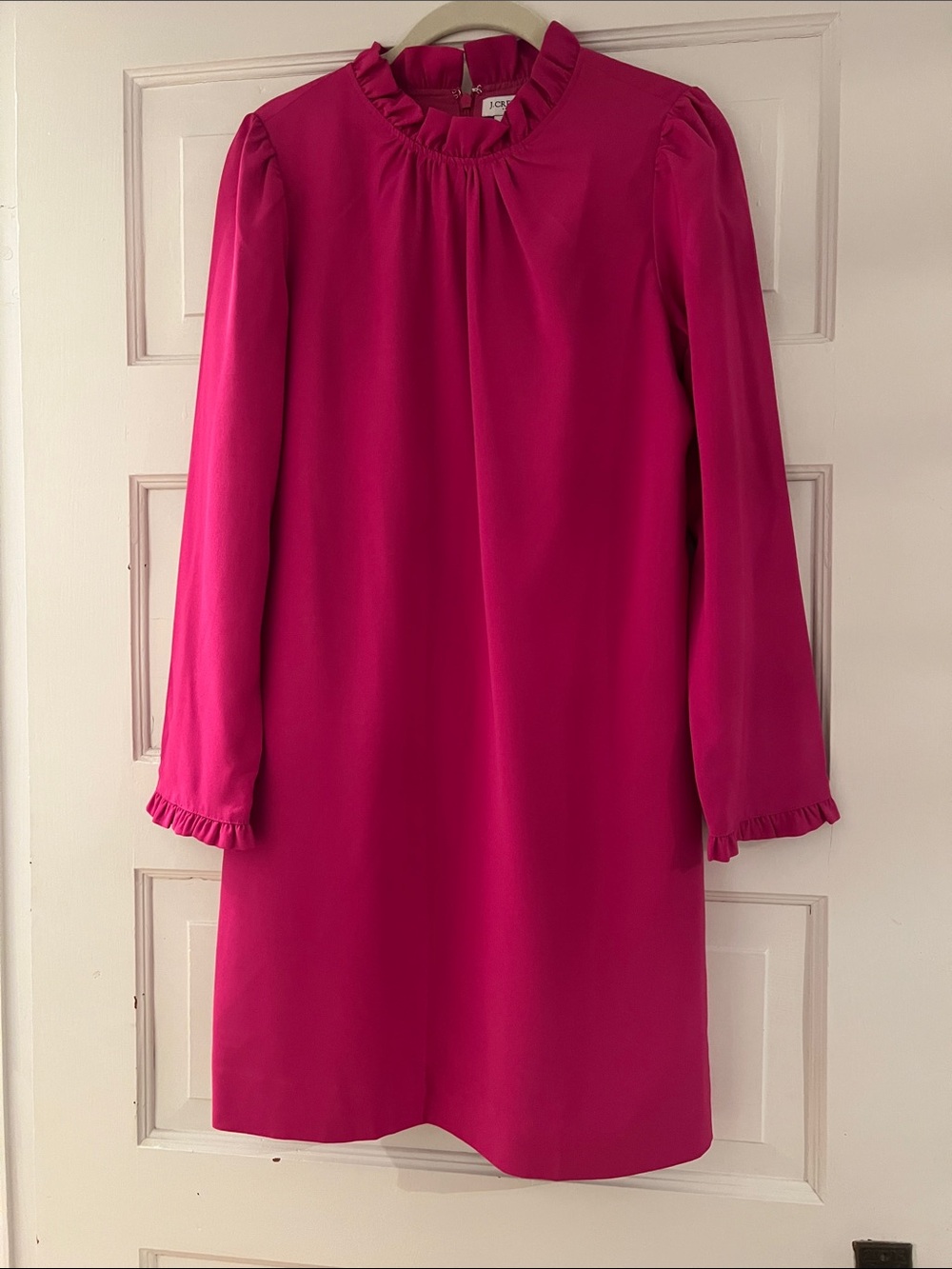 J. Crew Bright Fuchsia Ruffle-Trim Long Sleeve Shift Dress